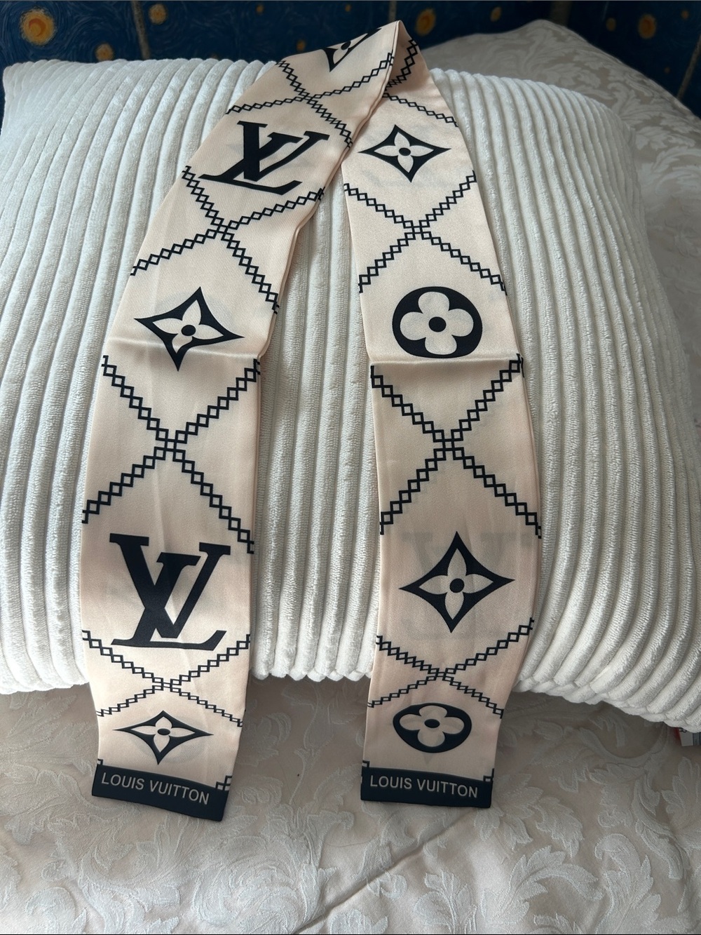 Cream and Black Monogram Double Sided 100% Silk Twilly or Scarf.